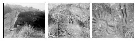Fotografías que muestran las secciones sur (izquierda) y norte (central y derecha) de la roca principal del sitio de Piedra del Sol, distrito de Soná – provincia de Veraguas. 
